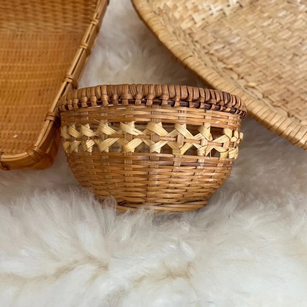 Vintage Woven Basket Lot Set of 3 - Wicker Rattan Boho Decorative Trays